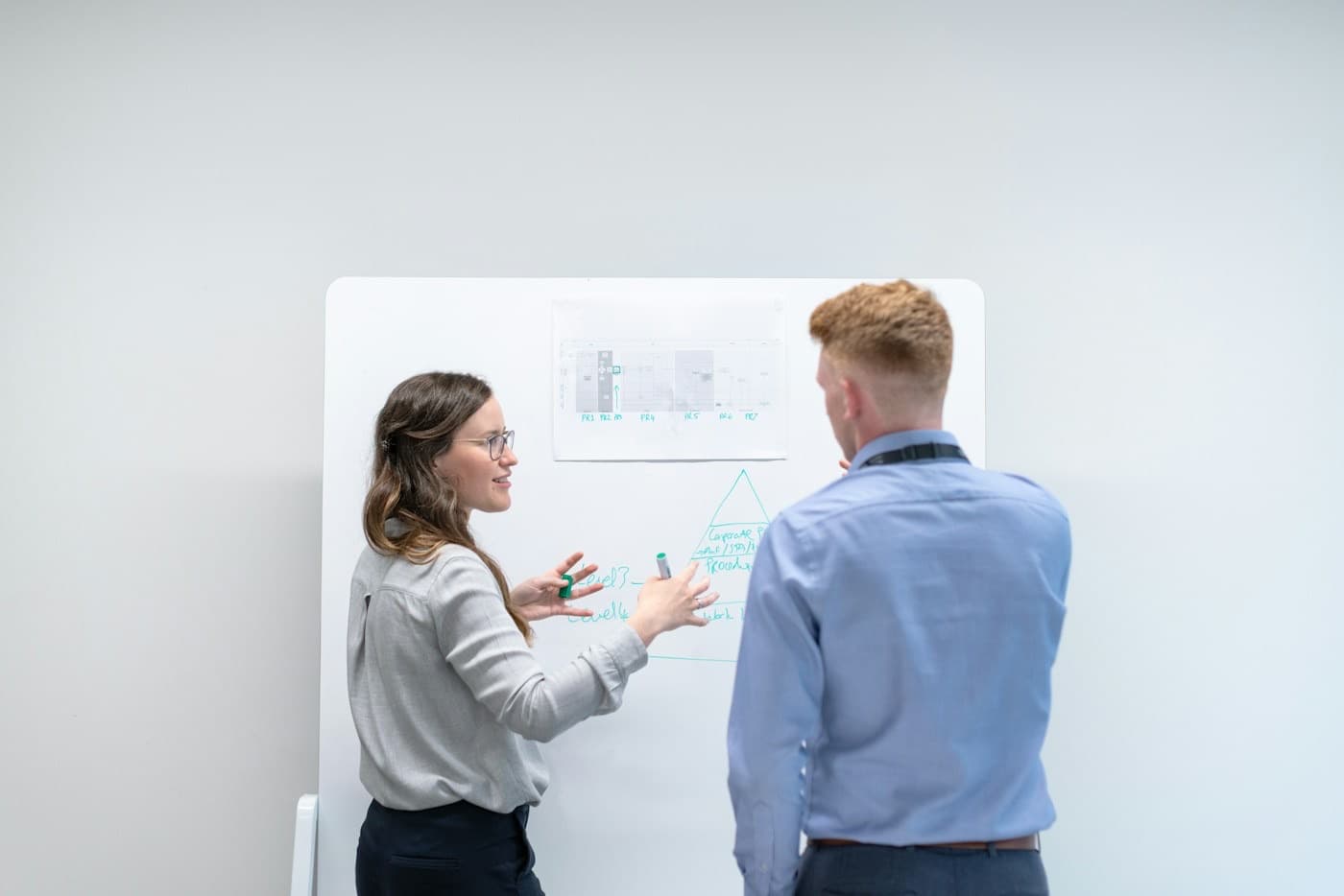 Projektleiterin erklärt einem Kollegen ein Konzept am Whiteboard