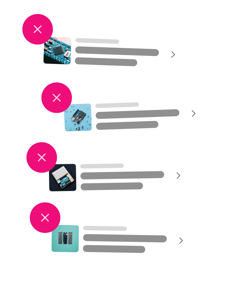 Vier Informationskarten mit Bildern von Elektronikbauteilen und einem pinkfarbenen Symbol mit einem weißen X zum Löschen jeder Karte.