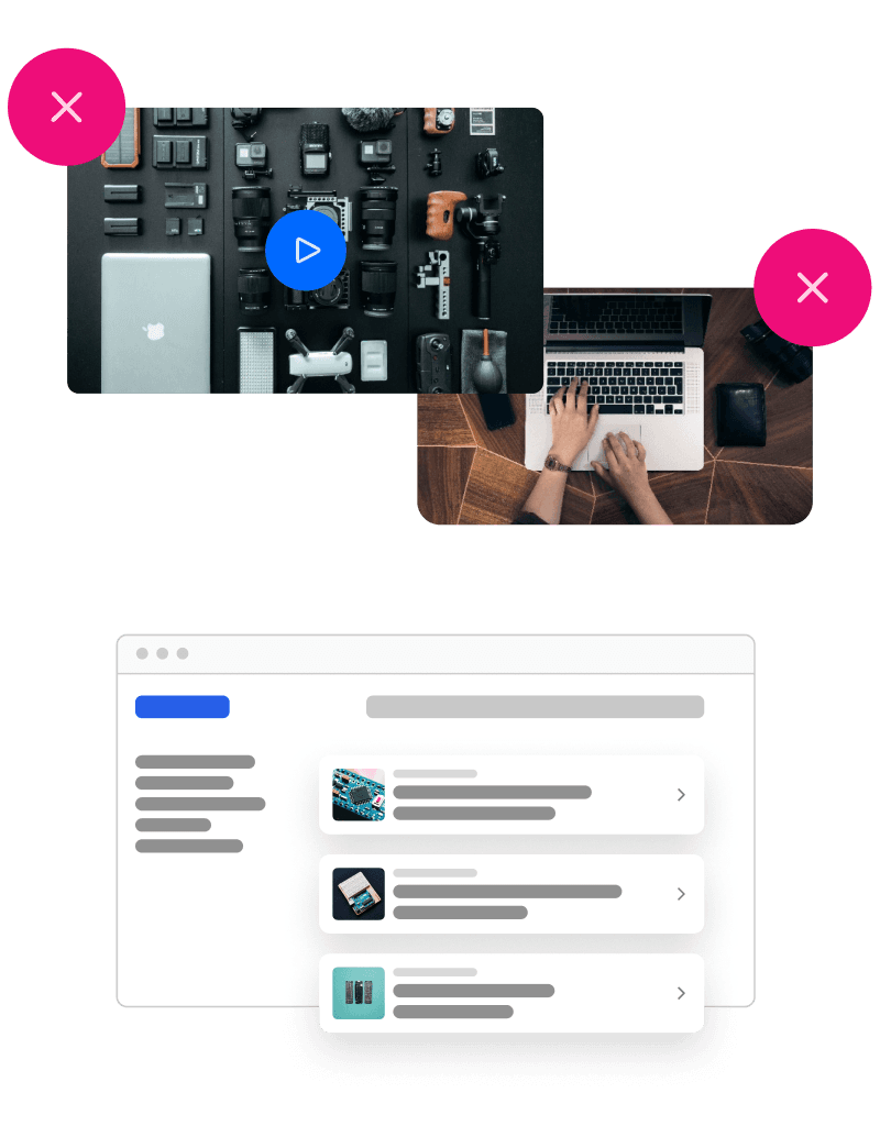 Übersicht von professionellem Foto- und Videoequipment mit Laptop, Linse und Zubehör sowie Hände, die auf einem Laptop tippen, und eine digitale Benutzeroberfläche mit Listen- und Medienvorschauen.