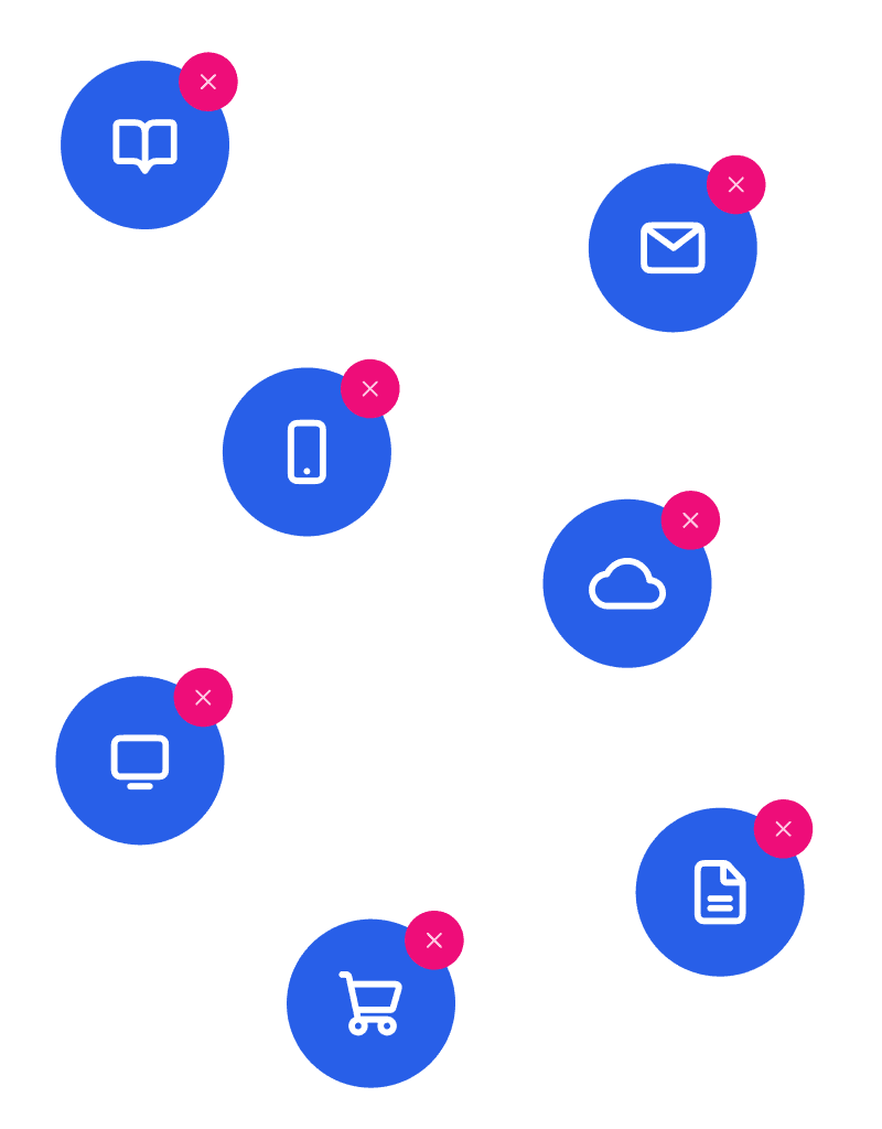 Sieben blaue Kreise mit weißen Symbolen für Buch, Handy, Computer, Einkaufswagen, E-Mail, Cloud und Dokument, jeweils mit einem kleinen pinkfarbenen Kreis mit weißem Kreuz in der oberen rechten Ecke.
