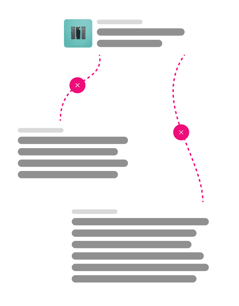 Illustration eines Ablaufs mit drei weißen Informationsboxen, die durch gepunktete rosa Linien und rosa Kreise mit weißen Kreuzen verbunden sind.