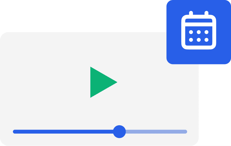 Videoplayer mit grünem Wiedergabe-Symbol und blauer Fortschrittsanzeige, daneben ein blaues Kalendersymbol.