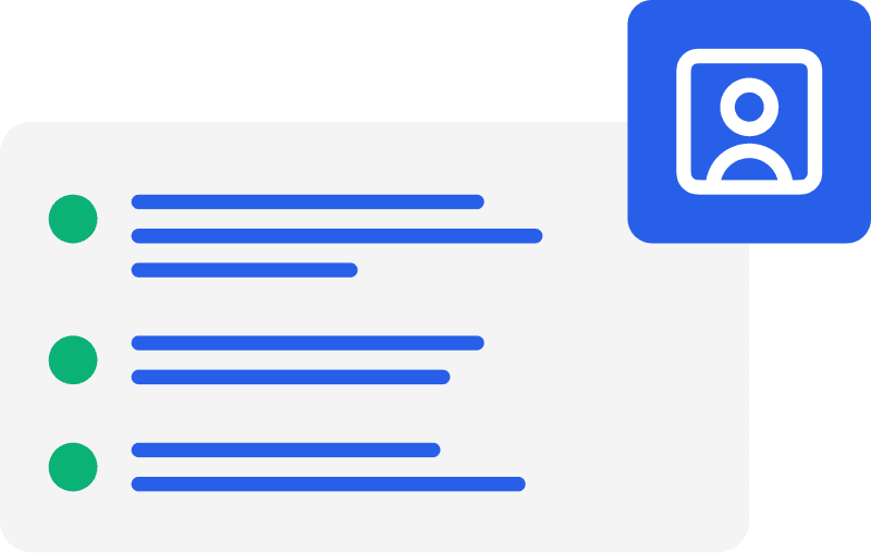 Liste mit drei grünen Aufzählungspunkten und blauen horizontalen Linien, daneben ein blaues Symbol mit einer stilisierten Benutzerprofil-Ikone.
