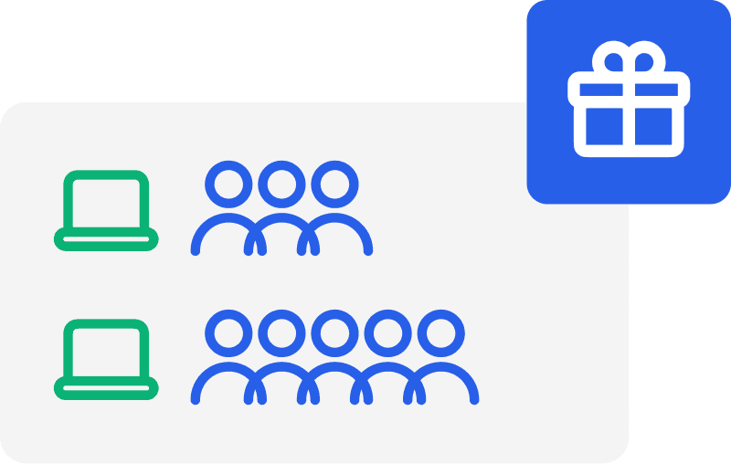 Grafik mit zwei Laptops, einem mit drei Personen und einem mit sechs Personen, und einem Geschenk-Symbol in der oberen rechten Ecke.
