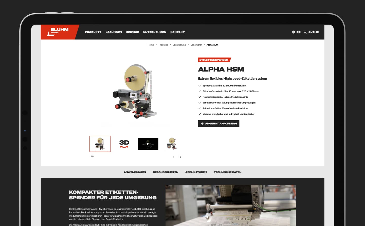 Tablet showing the BLUHM website: product page of the “ALPHA HSM” labeling system