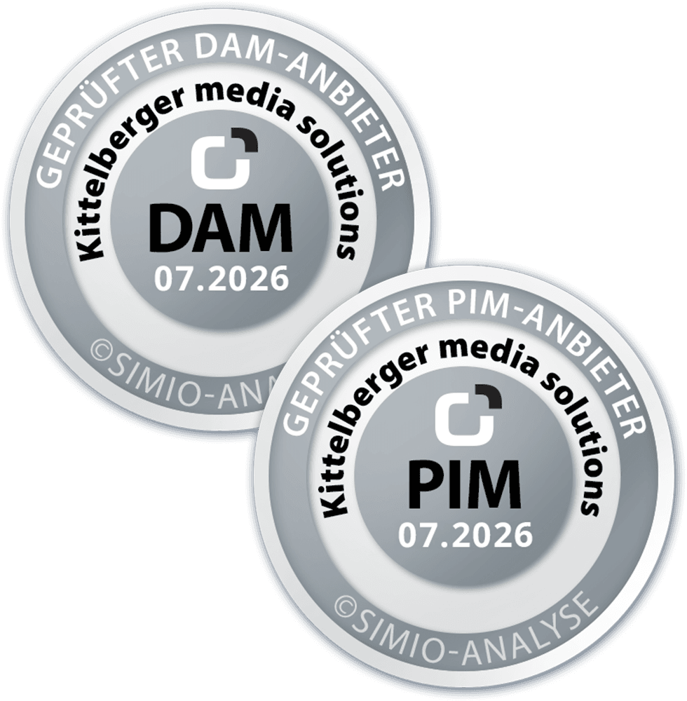 Simio seals: Certified PIM Provider and Certified DAM Provider 07.2026 – Kittelberger media solutions